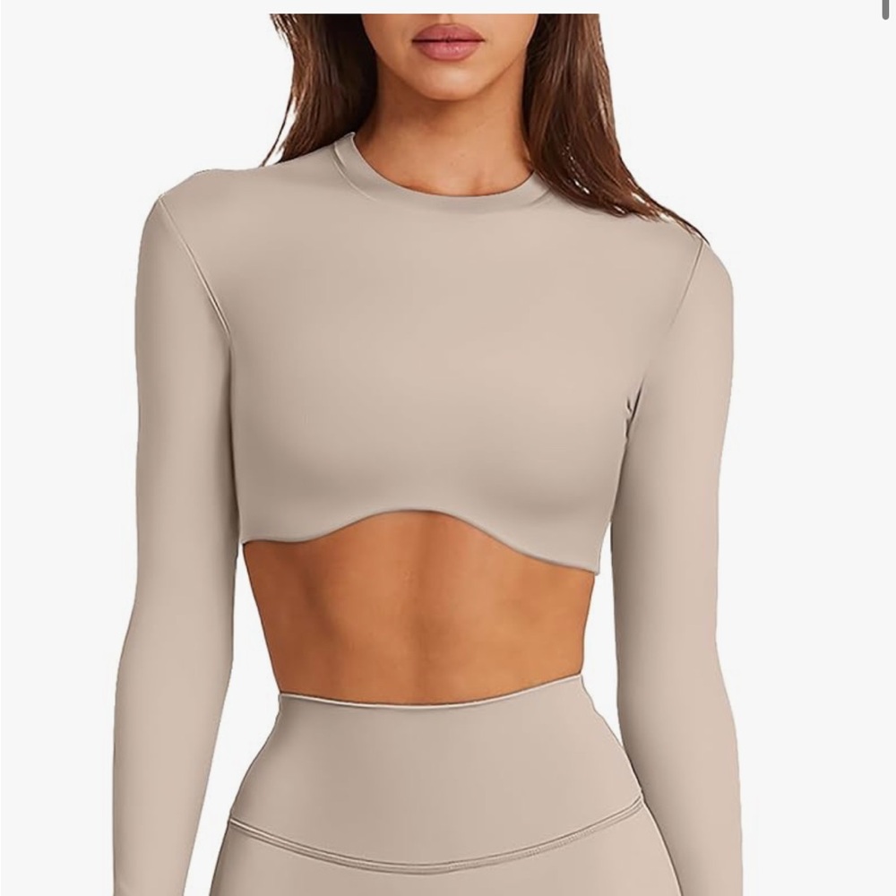 Double Lined Long Sleeve Crop Top Workout Tan